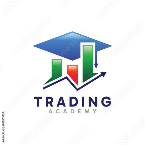Trading Academy logo design. Abstract Toga hat and statistics charts combination symbol concept.