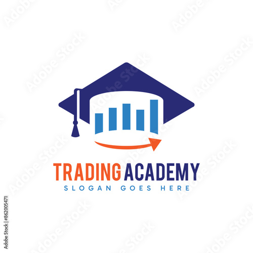 Trading Academy logo design. Abstract Toga hat and statistics charts combination symbol concept.