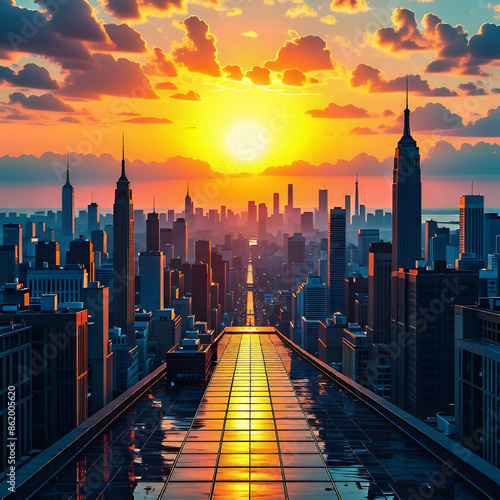 도시의 석양 아래에 은은한 태양 빛 photo
