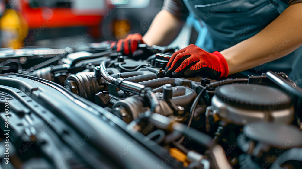 A mechanic is working on a car engine, wearing red gloves A mechanic is working on a car engine, wearing red gloves