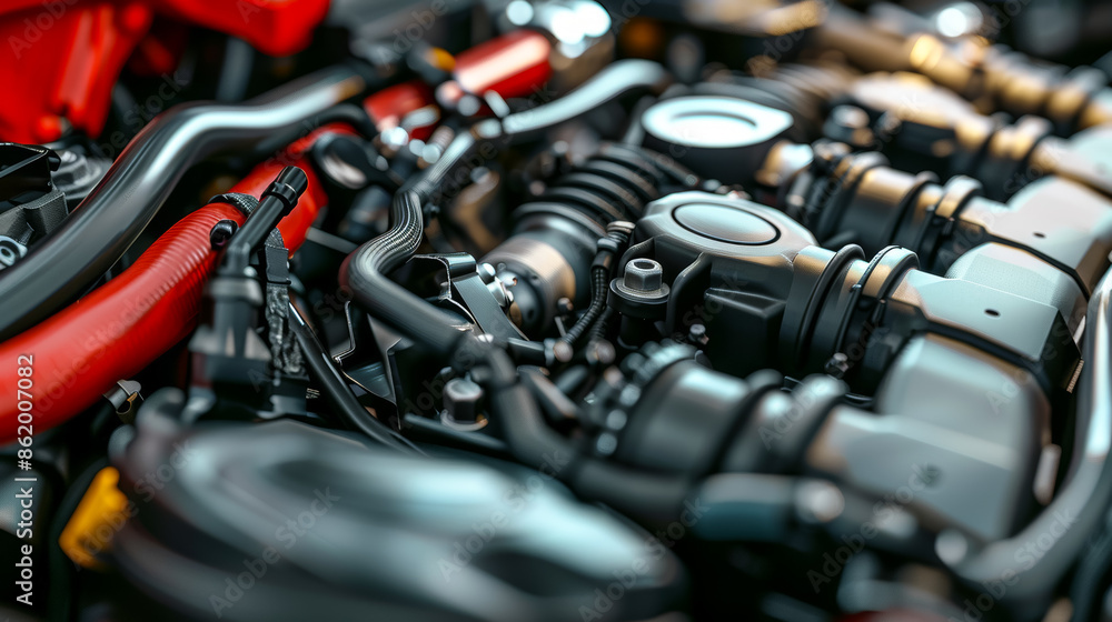 A close up of a car engine with a red hose A close up of a car engine with a red hose