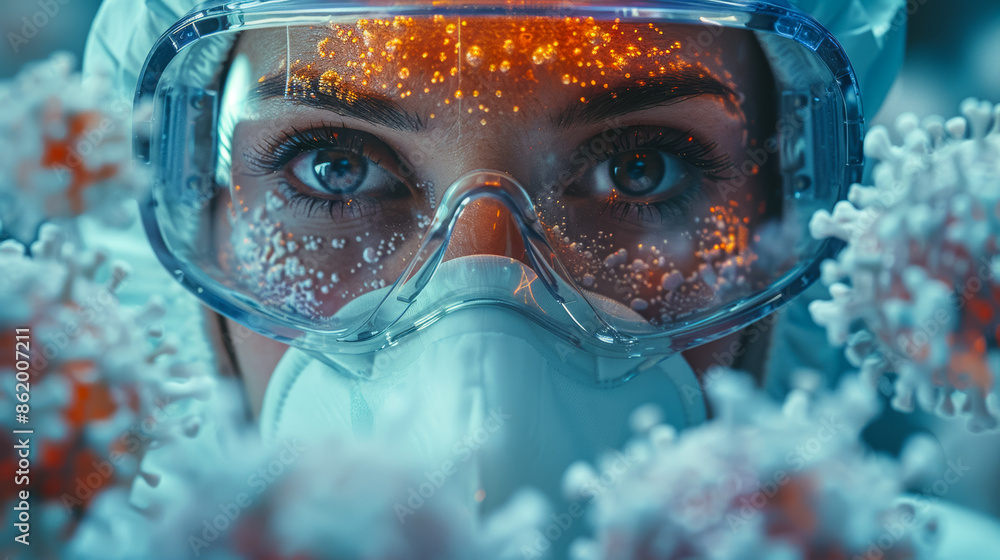 A woman wearing a lab coat and goggles is looking at a virus A woman wearing a lab coat and goggles is looking at a virus