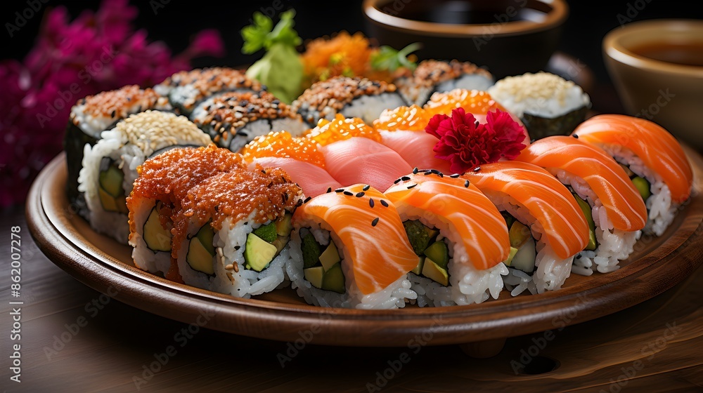 Sushi plate: high detail texture and fresh fish Sushi plate: high detail texture and fresh fish