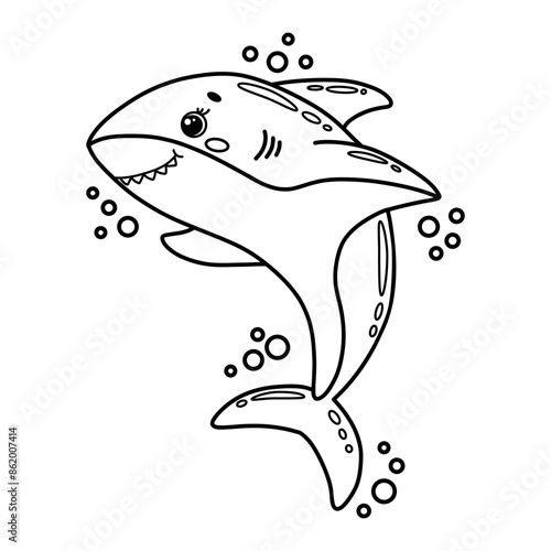 Cute cartoon smiling shark with bubbles. Black and white outline vector Illustration. Children's coloring page book