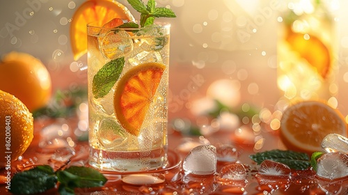 A refreshing summer beverage with ice cubes, citrus slices, and mint leaves in a tall glass, with condensation droplets and a sunlit background, evoking a sense of coolness and relaxation.