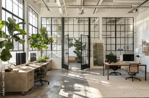 Modern Industrial Office Workspace With Natural Light and Greenery