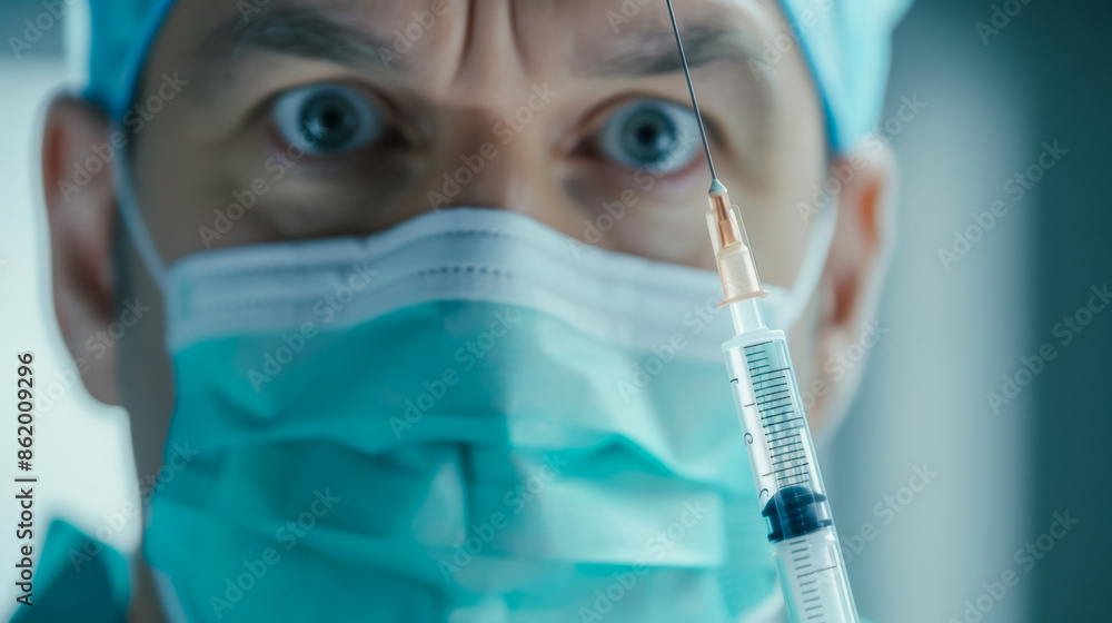 A man in a blue surgical mask holding a syringe, professional doctor A man in a blue surgical mask holding a syringe, professional doctor