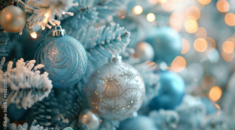 Close Up of Decorated Christmas Tree With Blue and Gold Ornaments During Winter Snowfall