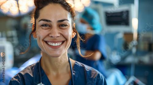 A woman in a blue scrubs is smiling at the camera photo