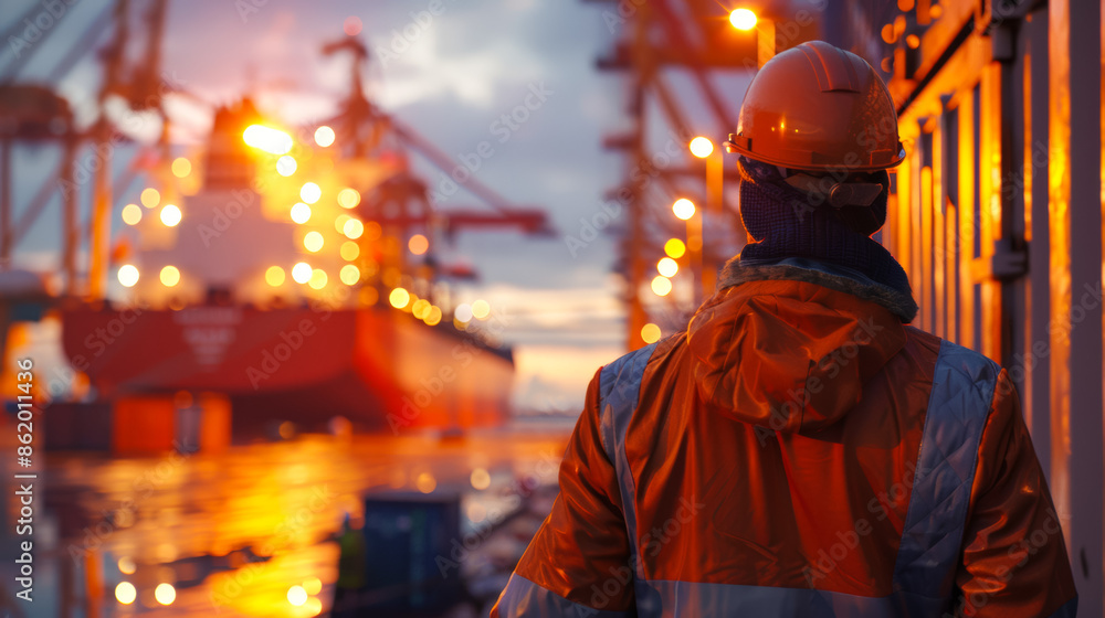 A man in an orange jacket stands on the dock looking out at a large ship, cargo port employee A man in an orange jacket stands on the dock looking out at a large ship, cargo port employee