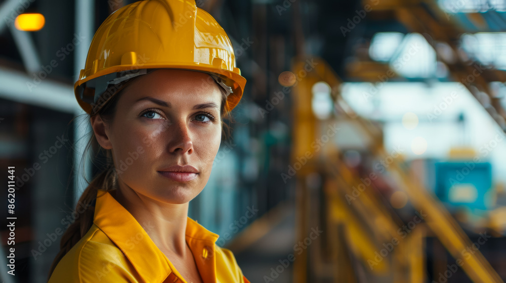 A woman wearing a yellow hard hat, port employee A woman wearing a yellow hard hat, port employee