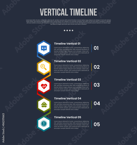 vertical timeline business report infographic with hexagon shape line blending connection with 5 point stage with modern dark style for slide presentation