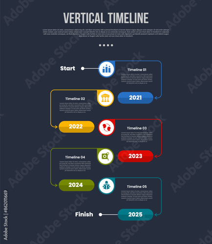 Wallpaper Mural vertical timeline business report infographic with big circle and line connection with cycle bottom direction with 5 point stage with modern dark style for slide presentation Torontodigital.ca