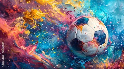 Soccer Ball in Abstract Colorful Paint Splashes