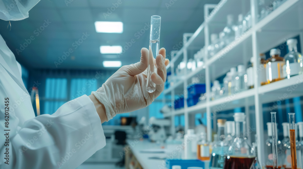 A scientist is holding a test tube in a lab, researcher or scientist A scientist is holding a test tube in a lab, researcher or scientist