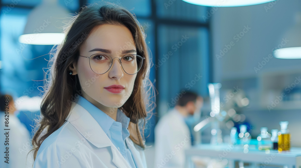 A woman wearing glasses stands in a lab with other people, researcher or scientist A woman wearing glasses stands in a lab with other people, researcher or scientist