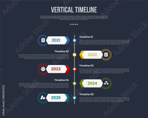 Wallpaper Mural vertical timeline business report infographic with round arrow rectangle box with outline circle badge with 5 point stage with modern dark style for slide presentation Torontodigital.ca