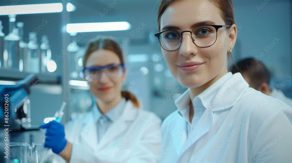 Two women in lab coats are smiling at the camera, researcher or scientist Two women in lab coats are smiling at the camera, researcher or scientist