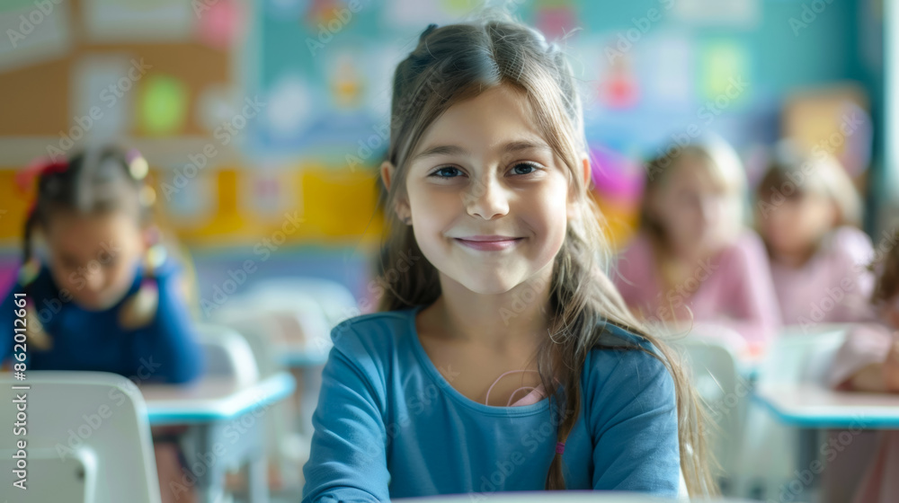 A girl is smiling in a classroom with other children, back to school concept A girl is smiling in a classroom with other children, back to school concept