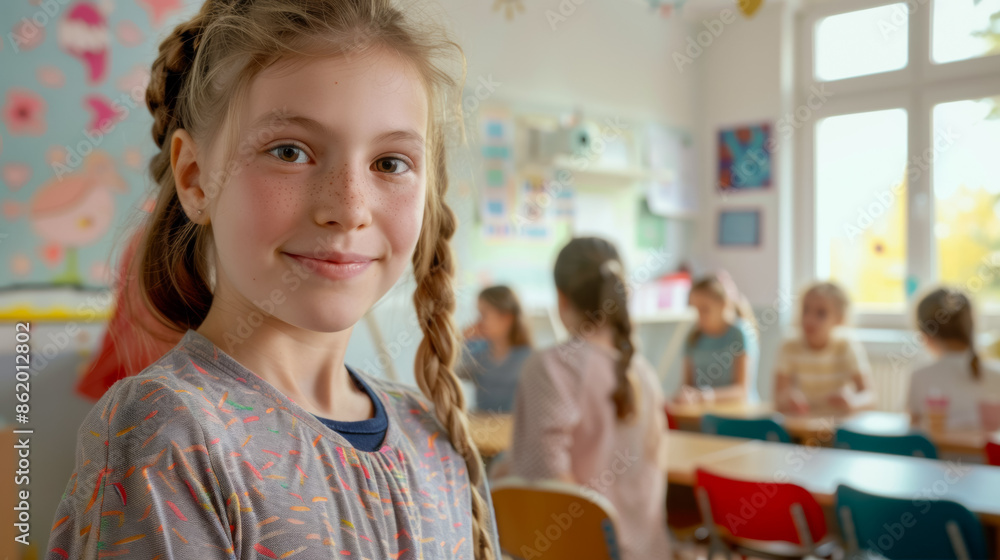 A girl with long hair is smiling in front of a classroom, back to school concept A girl with long hair is smiling in front of a classroom, back to school concept