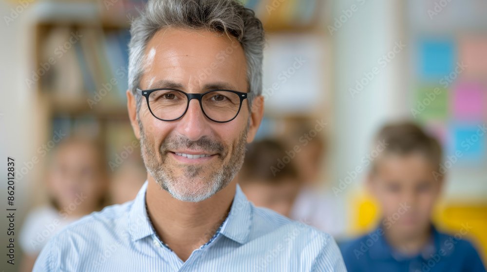 A man with glasses is smiling and looking at the camera. Teacher, back to school concept A man with glasses is smiling and looking at the camera. Teacher, back to school concept
