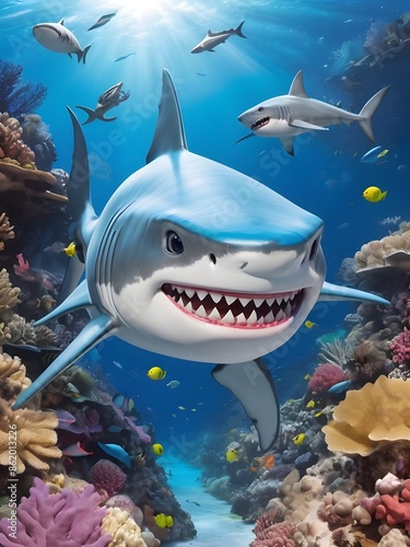 Sharky, the tooth-brushing shark superhero, patrolled the coral reefs, ensuring every fish had a gleaming smile. Generative AI photo