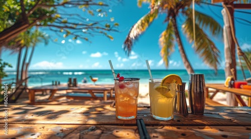 Two Tropical Cocktails on Wooden Table With Beach View in the Afternoon