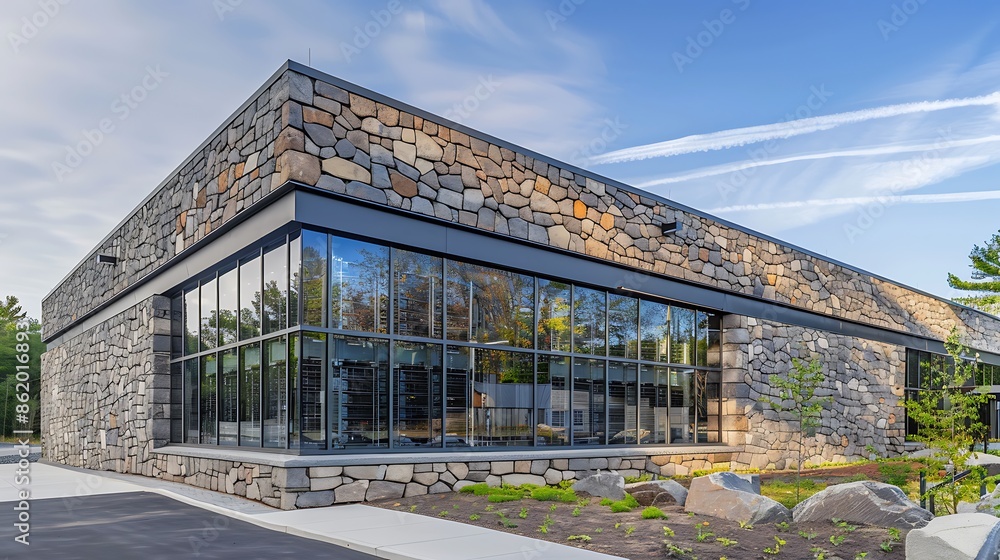high-tech data center with robust stone siding, designed to naturally regulate temperature and protect critical technology high-tech data center with robust stone siding, designed to naturally regulate temperature and protect critical technology