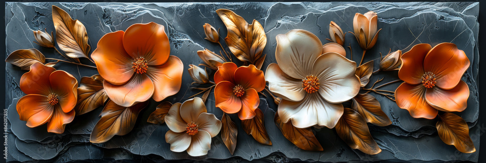 Fototapeta premium panel wall art, wall decoration, marble background with flowers designs