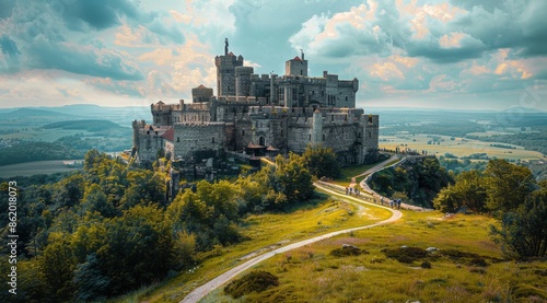 Majestic Castle Perched High on a Hillside, Surrounded by Lush Greenery and Fog
