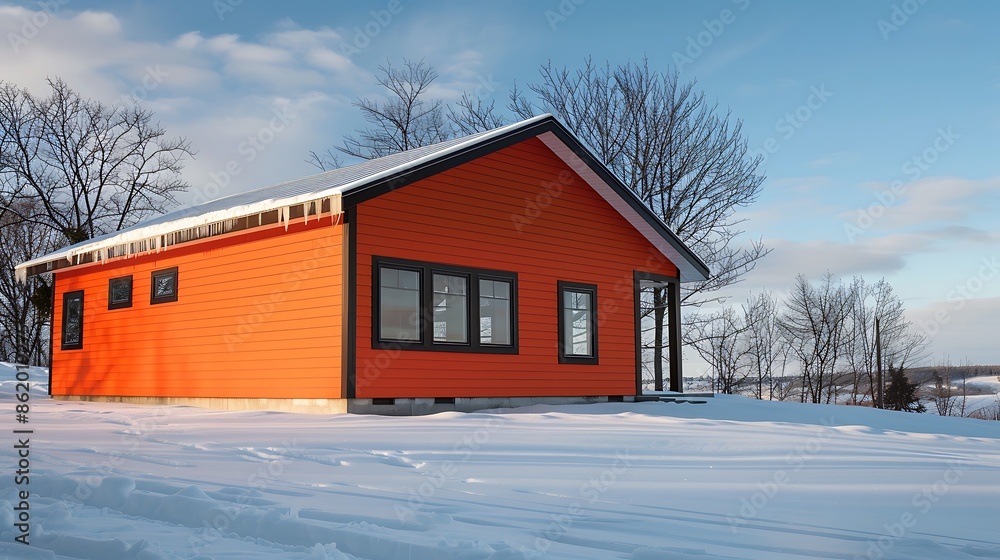 home adorned with vinyl siding in bright tangerine orange, reflecting the sparse winter light and adding a cheerful touch to the snowy landscape home adorned with vinyl siding in bright tangerine orange, reflecting the sparse winter light and adding a cheerful touch to the snowy landscape