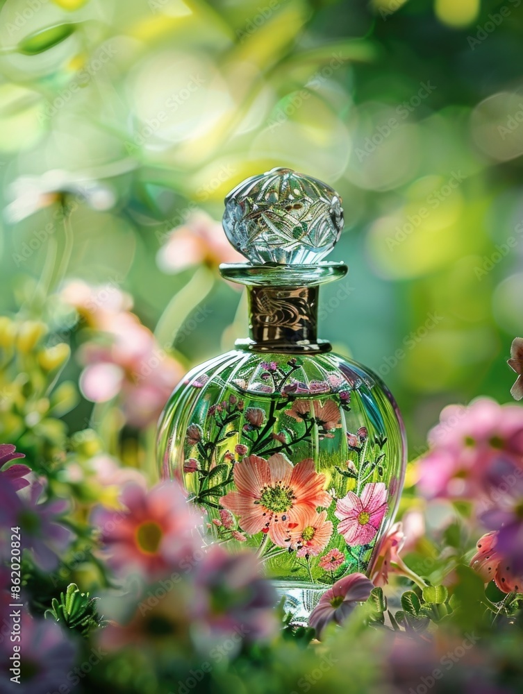 Perfume bottle on green field Perfume bottle on green field