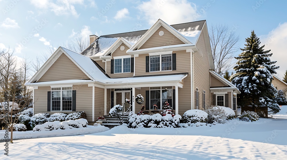 home featuring vinyl siding in a muted almond shade, with a soft snow cover that complements its understated elegance, offering a subtle and stylish winter look home featuring vinyl siding in a muted almond shade, with a soft snow cover that complements its understated elegance, offering a subtle and stylish winter look