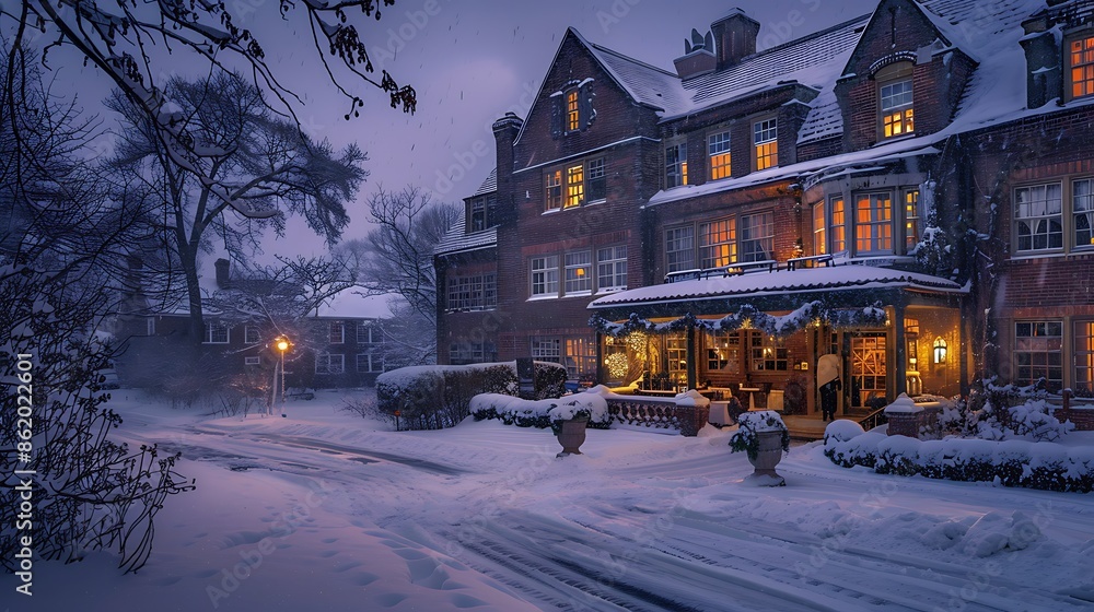 Naklejka premium luxurious brick-fronted hotel on a snowy evening, windows aglow with warm light, inviting travelers inside