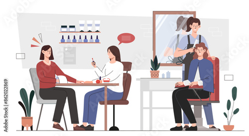 Beauty salon scene. Stylist and visagists with clients. Elegance and aesthetics. Hairdresser with woman and manicurist with girl. Cartoon flat vector illustration isolated on white background