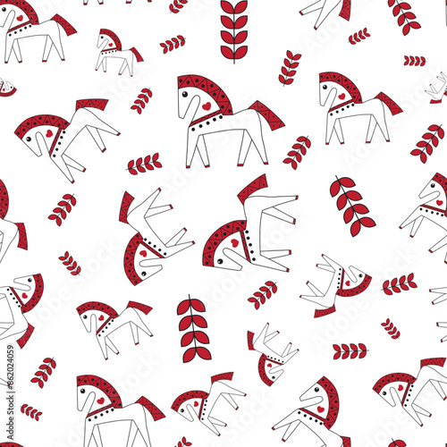 seamless repeat pattern with simple and cute white horses with red hair perfect for fabric, scrap booking, wallpaper, gift wrap projects