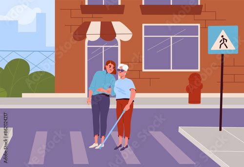 Blind person crosses road. Woman with grandmother at pedestrian crossroad. Volunteer help elderly person. Kindness, care and support for pensioners. Cartoon flat vector illustration