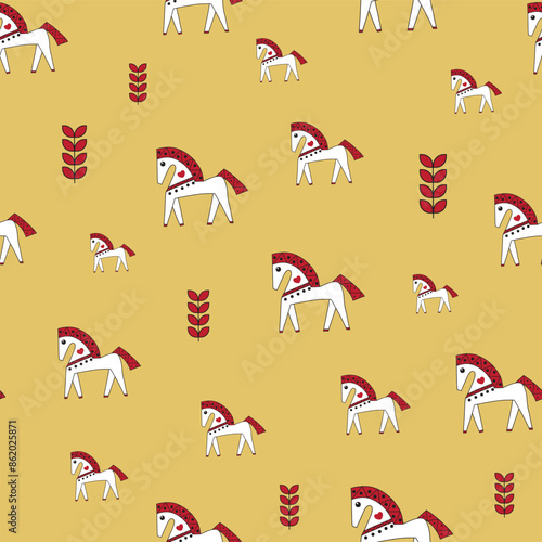 seamless repeat pattern with simple and cute white horses with red hair perfect for fabric, scrap booking, wallpaper, gift wrap projects
