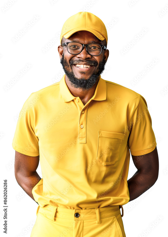 African man in his 30s in a yellow uniform and cap, smiling confidently against a transparent background. African man in his 30s in a yellow uniform and cap, smiling confidently against a transparent background.