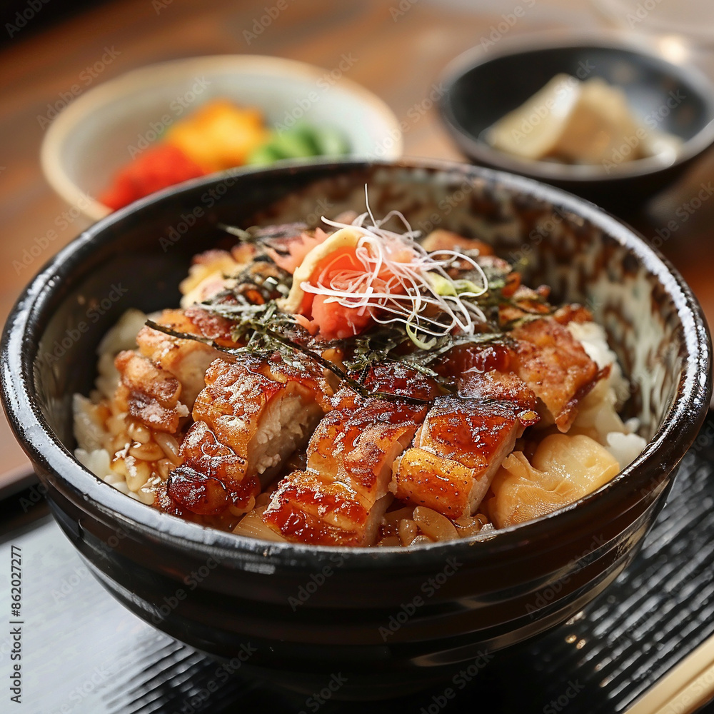 The Exquisite High-Resolution Photography of a Traditional Japanese Donburi Bowl with Fresh Ingredients. Perfect for use in culinary blogs, restaurant menus, food publications, and online marketplaces The Exquisite High-Resolution Photography of a Traditional Japanese Donburi Bowl with Fresh Ingredients. Perfect for use in culinary blogs, restaurant menus, food publications, and online marketplaces
