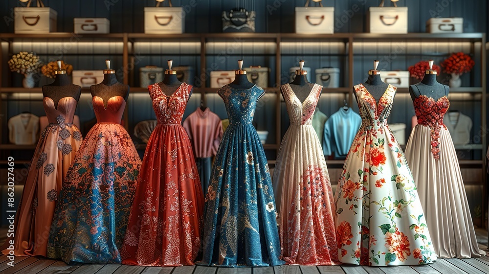 Naklejka premium Clothes Elegant evening gowns displayed in a high-end boutique, featuring intricate designs and luxurious fabrics, perfect for special occasions. Illustration, Minimalism,