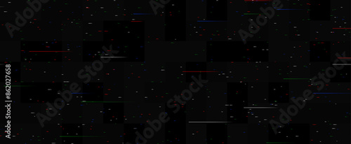 RGB Static noise texture. Lost or bad TV signal concept. Random rippled video tape background. Glitch vhs pixel noise wallpaper. Image distortion distressed backdrop effect. Vector black crt tv screen