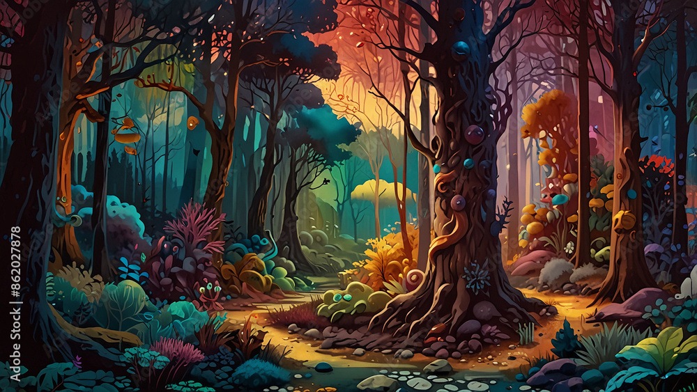 illustration of an abstract depiction of a magical fantasy wonderland forest illustration of an abstract depiction of a magical fantasy wonderland forest