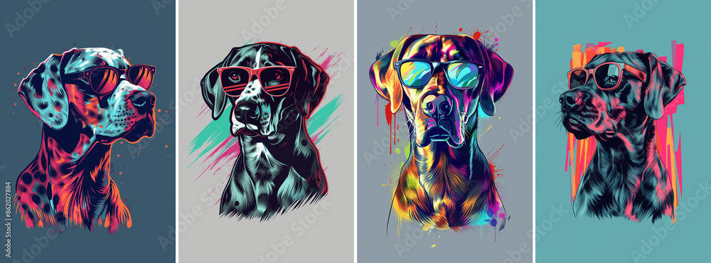 neon art dog portraits set, collection of dogs with glasses, design dog print for printing on T-shirts hoodie and other things neon art dog portraits set, collection of dogs with glasses, design dog print for printing on T-shirts hoodie and other things