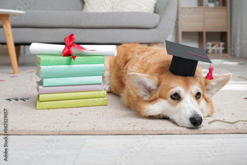 Cute Corgi dog in mortar bo...