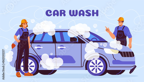 Car wash poster. Man and woman in uniform near automobile in soap. Clean vehicle or transport. Advertising and marketing, commerce. Landing webpage design. Cartoon flat vector illustration