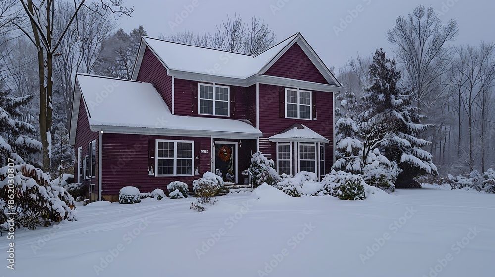 panoramic view of a house with rich maroon vinyl siding, with the heavy snow emphasizing its warm tones and providing a cozy, inviting exterior during the chilly season panoramic view of a house with rich maroon vinyl siding, with the heavy snow emphasizing its warm tones and providing a cozy, inviting exterior during the chilly season