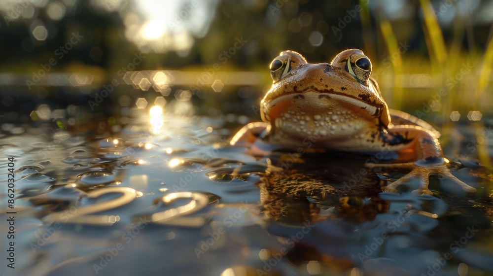 A frog perched on the surface of the water, showing its natural adaptation to aquatic environments. A frog perched on the surface of the water, showing its natural adaptation to aquatic environments.