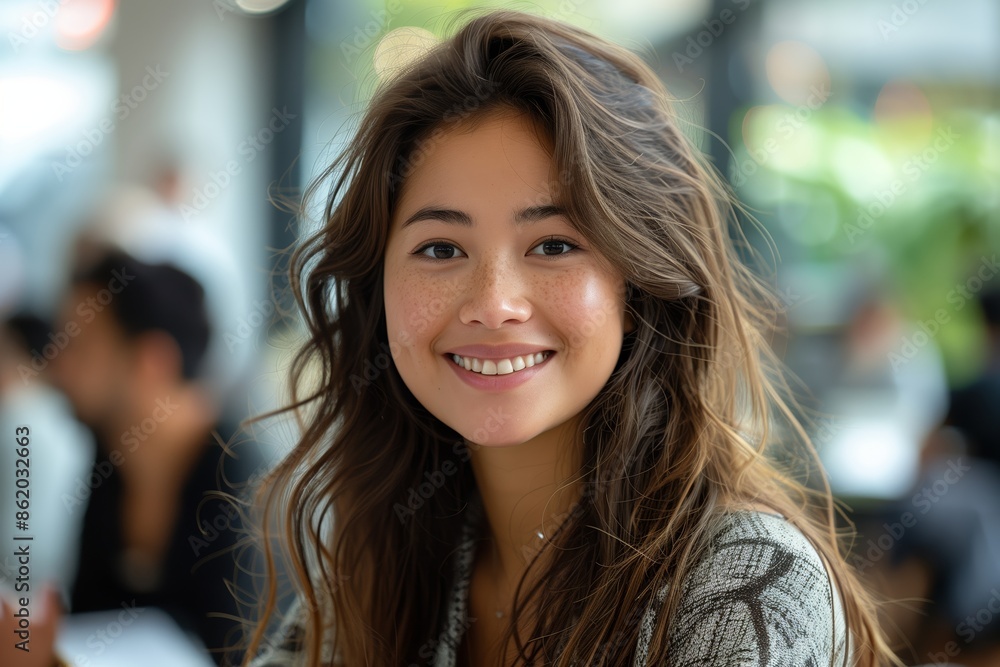 Portrait of a Smiling Woman With Long Brown Hair Indoors Portrait of a Smiling Woman With Long Brown Hair Indoors