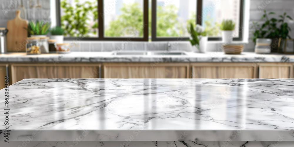 A kitchen countertop with a marble top and a view of the city outside. The countertop is clean and shiny, and the kitchen is well-organized with various potted plants and kitchen appliances A kitchen countertop with a marble top and a view of the city outside. The countertop is clean and shiny, and the kitchen is well-organized with various potted plants and kitchen appliances